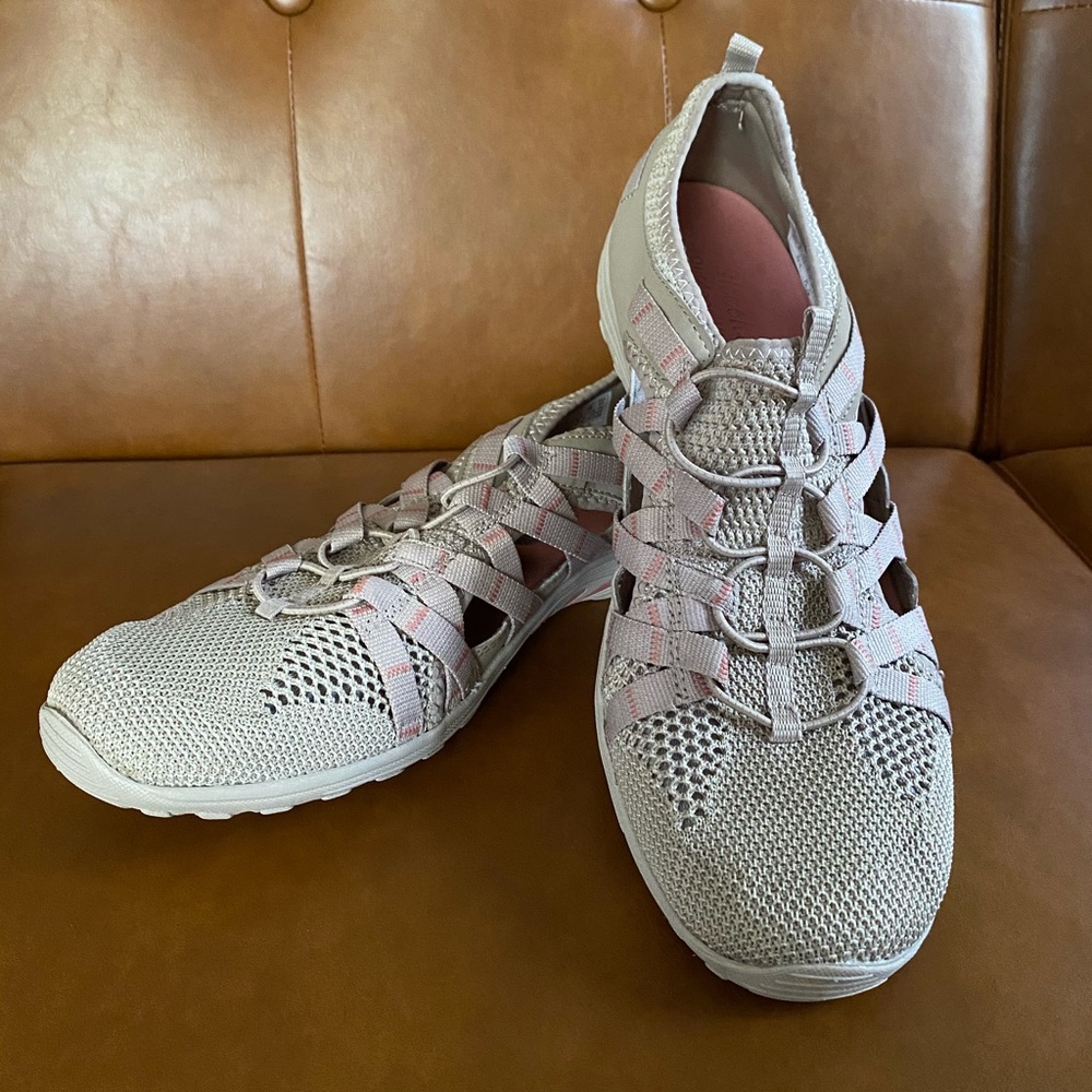 Skechers Women's Slip-On Athletic Sneakers in Light Gray with Pink